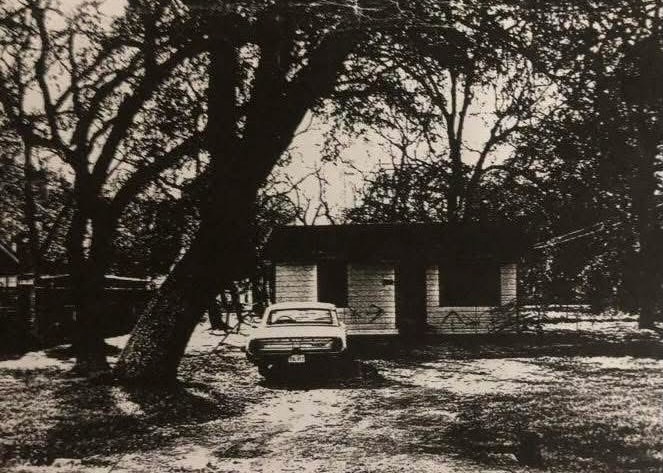 Historic black-and-white photograph of Paul Taylor’s former Clute home, featured in an article examining why investigators did not immediately secure or process the property after John Cone reported an alleged confession in the Rebecca Beard case.
