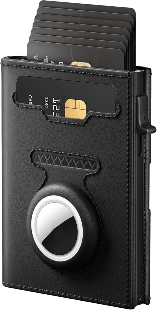 RFID-blocking wallet with AirTag holder designed to help protect credit cards and cash while traveling.