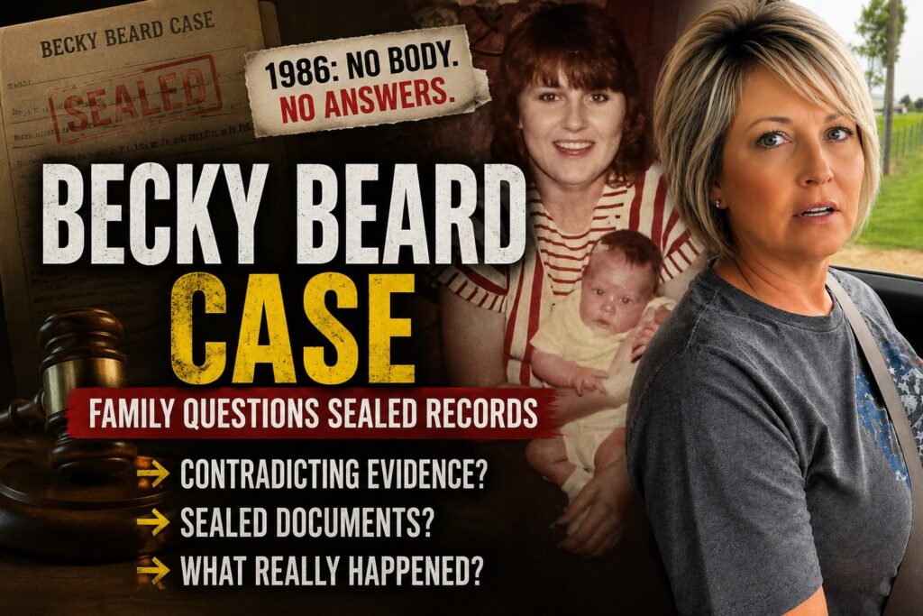 Rebecca Beard article thumbnail featuring a sealed case file, Rebecca Beard with her infant daughter, a present-day image of her sister Carol Mize, and text highlighting the family’s questions about sealed records and evidence in the 1986 murder case.