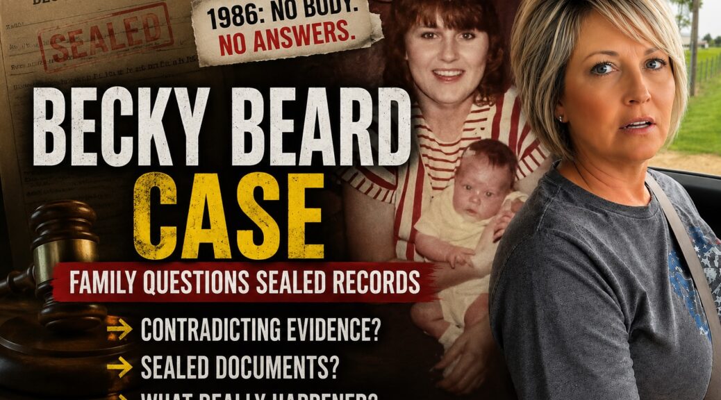 Rebecca Beard article thumbnail featuring a sealed case file, Rebecca Beard with her infant daughter, a present-day image of her sister Carol Mize, and text highlighting the family’s questions about sealed records and evidence in the 1986 murder case.