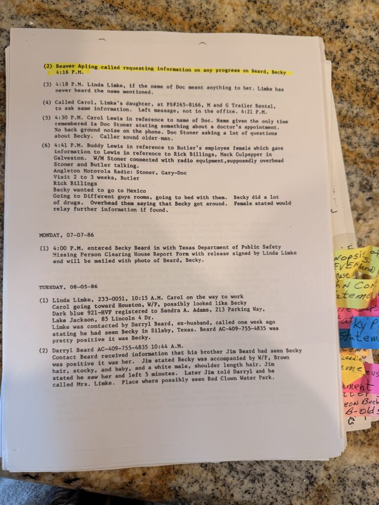 Police report pages from the Rebecca Beard investigation documenting repeated contacts with Beaver Aplin. The records show Aplin calling investigators for updates on the case and later requesting permission to post a reward while detectives continued following leads.
