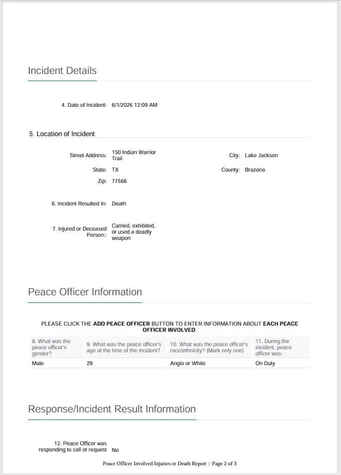 Texas Attorney General Peace Officer Involved Injuries or Death Report stating that John Gabriel Mendoza Jr. carried, exhibited, or used a deadly weapon during the incident.