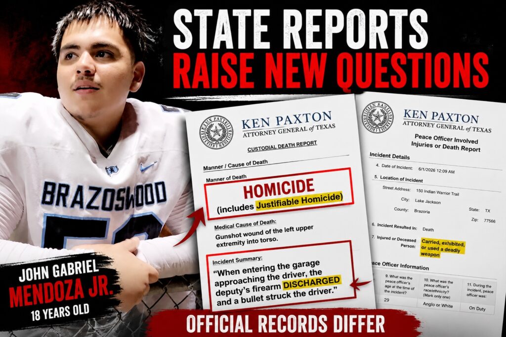 Featured image for an investigative news article about John Gabriel Mendoza Jr. showing his football photo alongside Texas Attorney General custodial death reports highlighting the manner of death and differing language in official records.