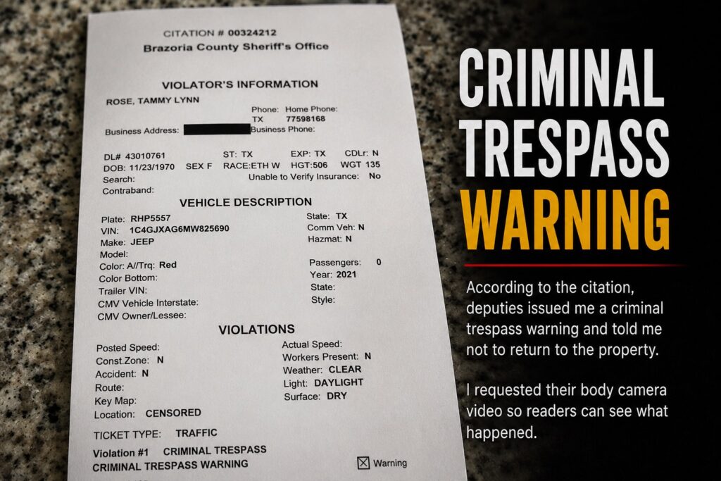 Screenshot from an article showing a redacted Brazoria County Sheriff’s Office criminal trespass warning issued to investigative reporter Tammy Rose after attempting to contact Rebecca Beard witness Cherie “Rio” Starr. The image also notes that a public records request was submitted for the deputies’ body camera video documenting the encounter.