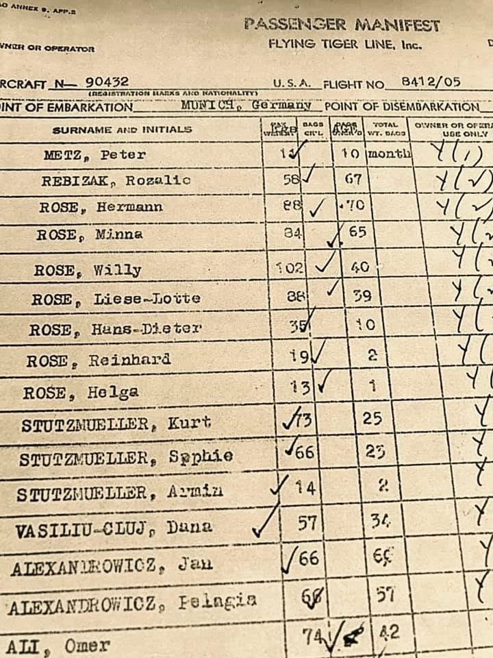 Flying Tiger Line passenger manifest showing the Rose family’s 1957 immigration to the United States