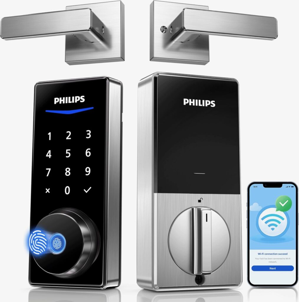 Philips smart fingerprint door lock with touchscreen keypad, interior deadbolt, and smartphone app connectivity.