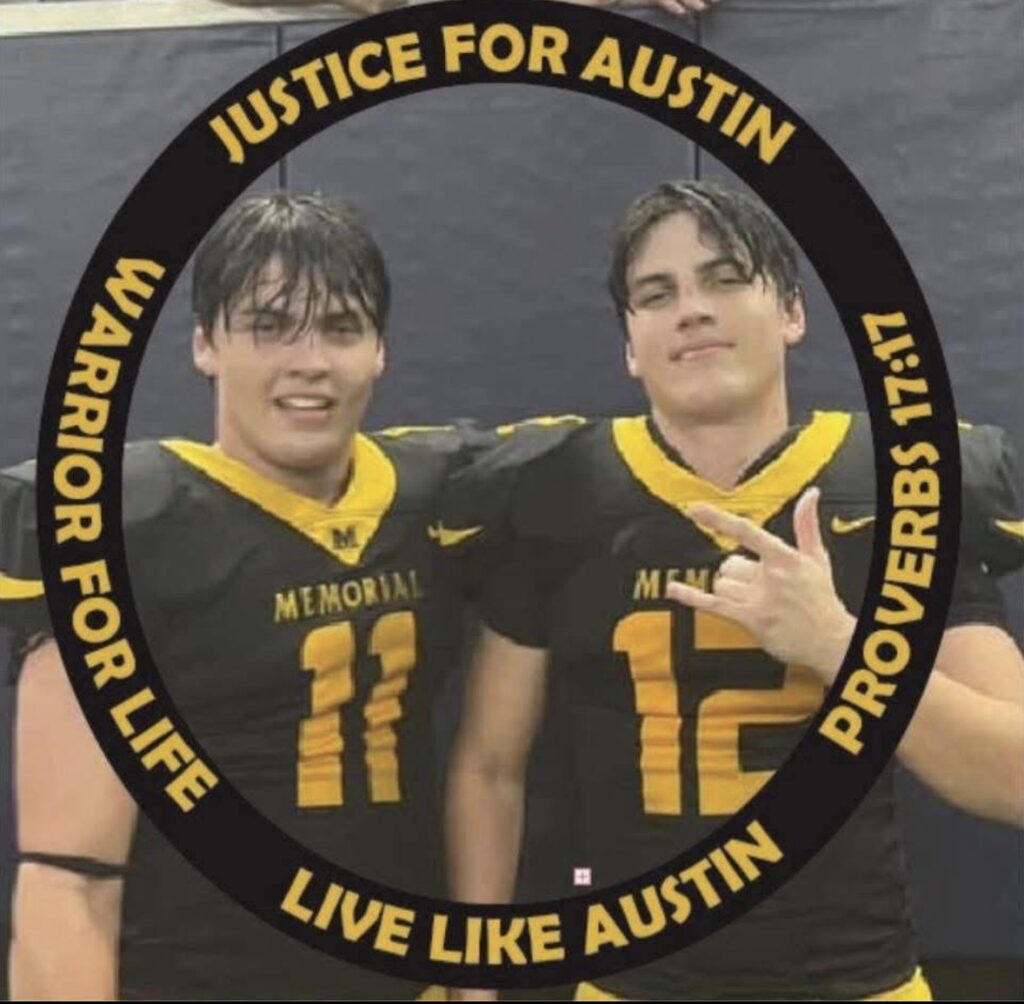 Austin Metcalf pictured in his Memorial High School football uniform with a “Justice for Austin” memorial frame.