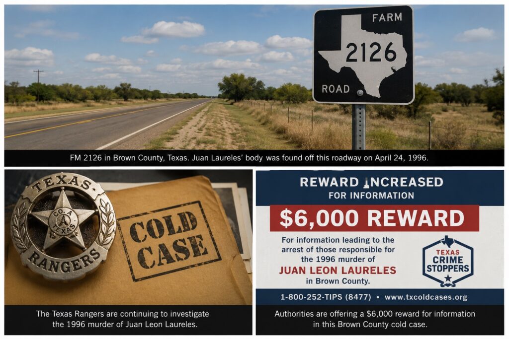 Juan Laureles cold case graphic showing FM 2126, Texas Rangers investigation and $6,000 reward