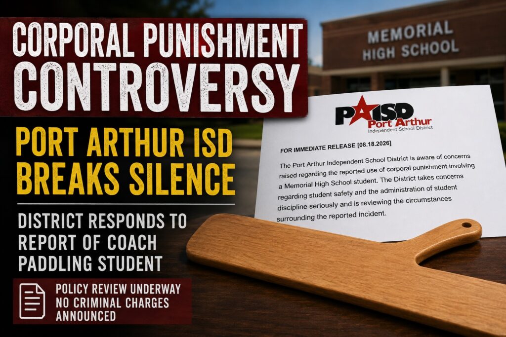 News graphic about Port Arthur ISD’s response to a reported corporal punishment incident involving a Memorial High School student.