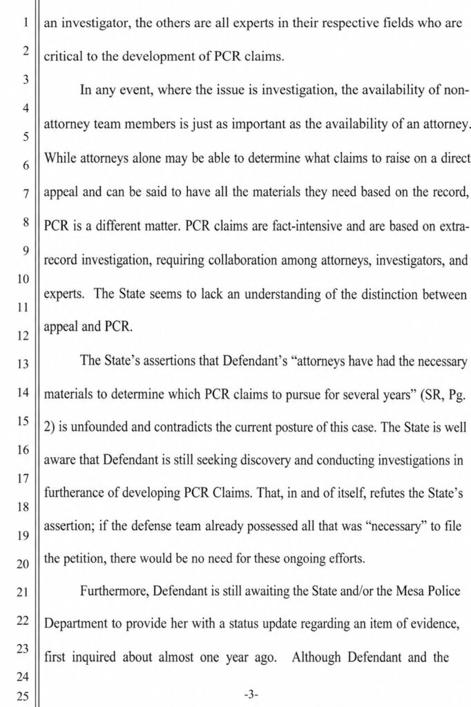 Jodi Arias defense filing discussing ongoing PCR investigation and an unresolved item of evidence involving the State or Mesa Police Department.
