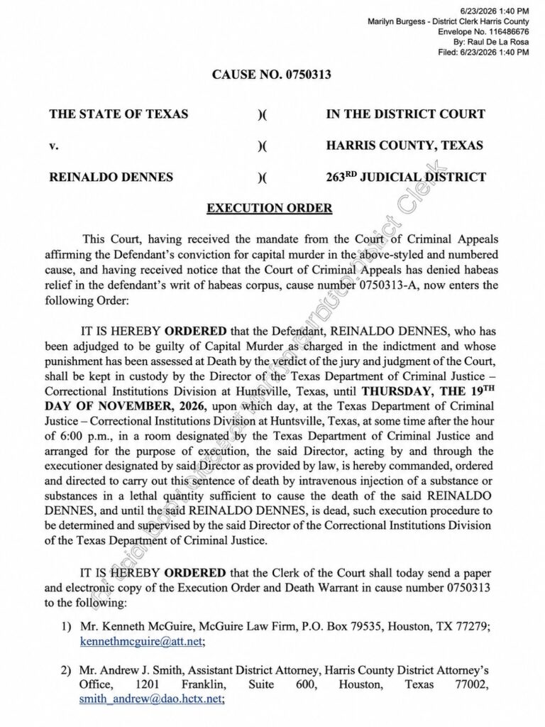 Harris County execution order for Reinaldo Dennes listing a Nov. 19, 2026 execution date