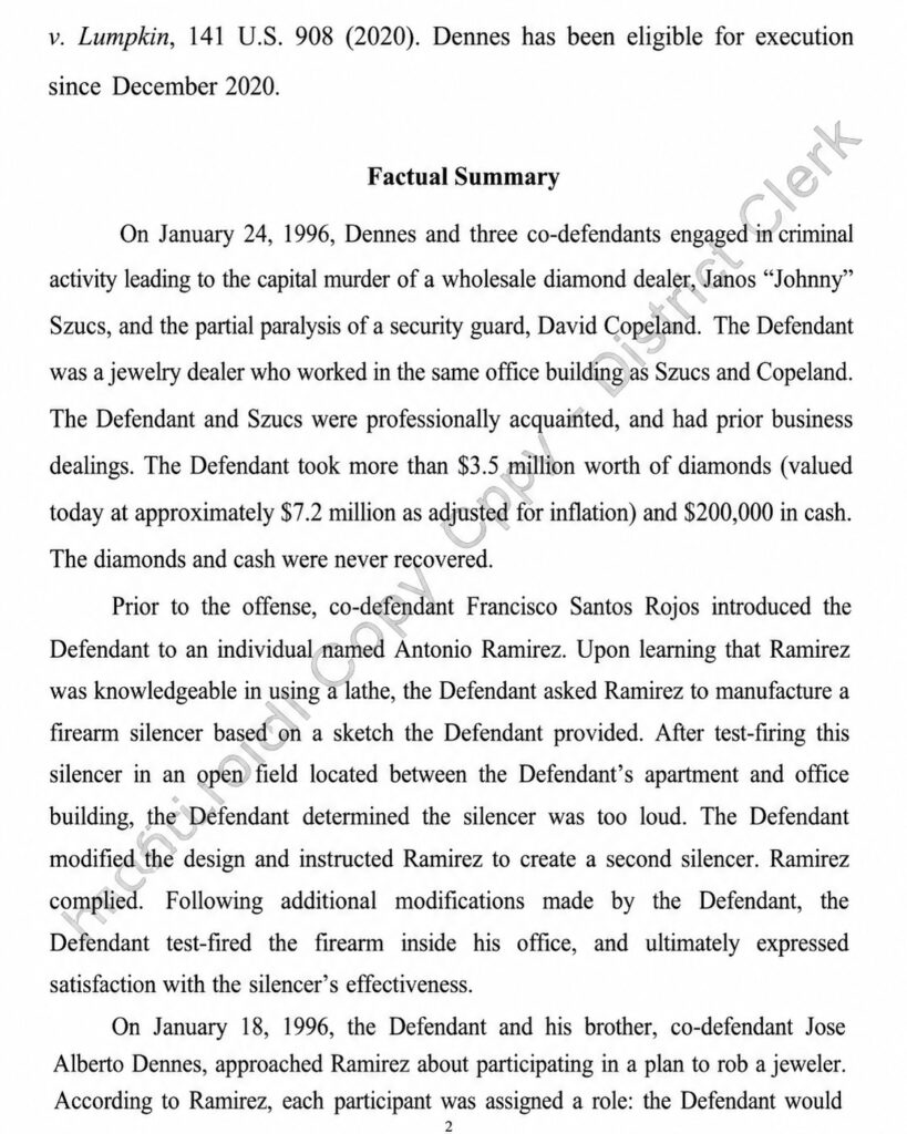 Harris County court filing detailing the $3.5 million diamond theft and alleged silencer planning in the Reinaldo Dennes case