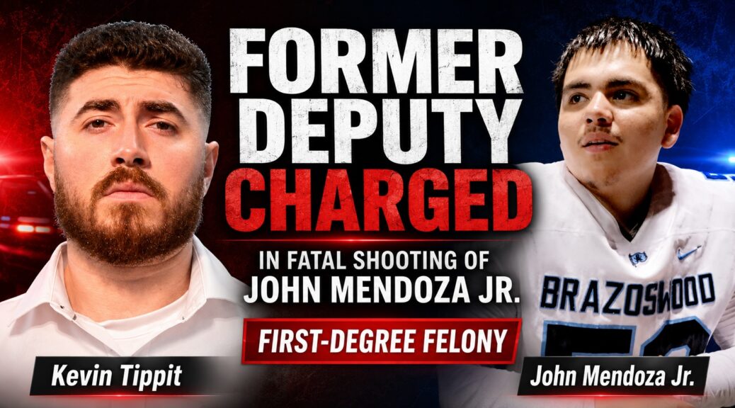 Kevin Tippit and John Gabriel Mendoza Jr. pictured in a news graphic about Tippit’s first-degree felony charge in Mendoza’s fatal shooting.