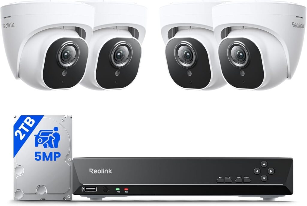 Reolink home security camera system with four surveillance cameras, network video recorder, and 2TB hard drive.