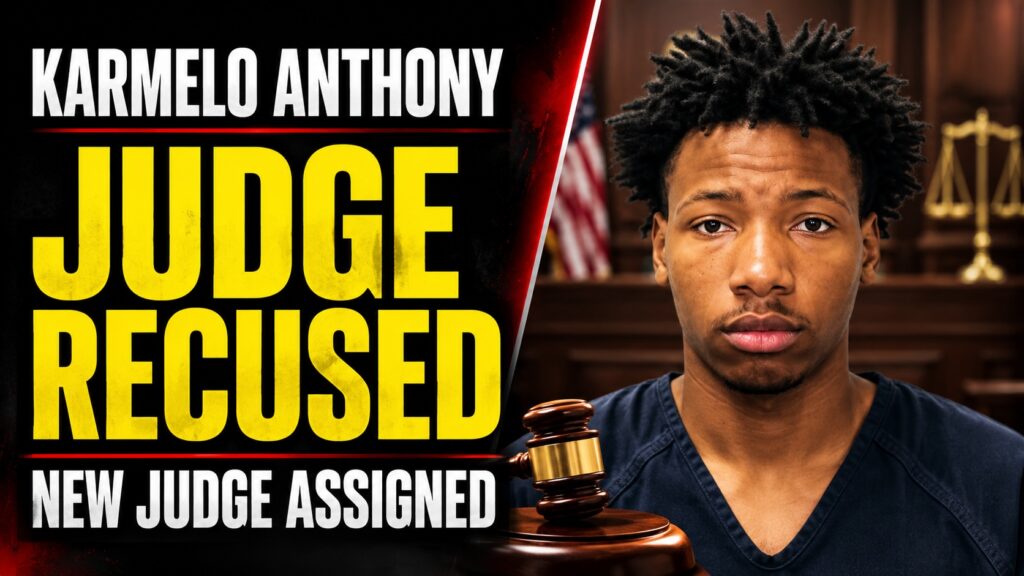 Karmelo Anthony case update graphic reading “Judge recused” and “New judge assigned,” with a courtroom background and judge’s gavel.
