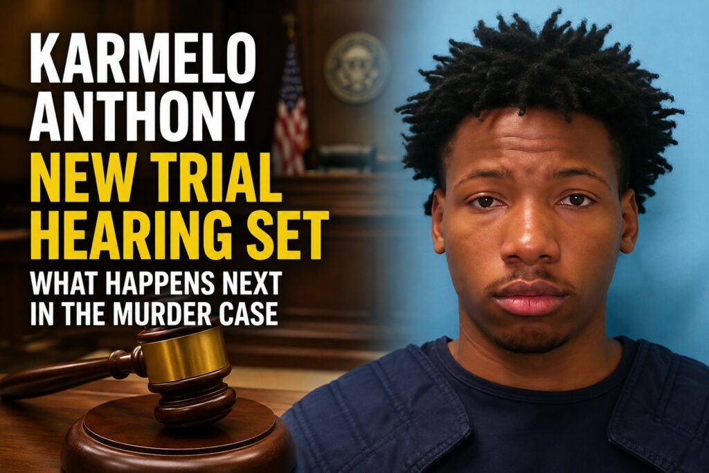 Karmelo Anthony mugshot-style image beside a courtroom backdrop and judge’s gavel with text announcing a new trial hearing.