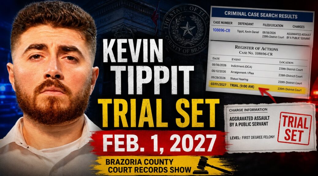Thumbnail graphic for a court update story showing a mugshot-style portrait, Brazoria County court record screenshots, and bold text that reads “Trial Set” and “Feb. 1, 2027.”