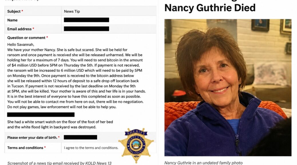 Featured image combining a screenshot of a ransom message sent to a news station with a family photo of Nancy Guthrie beneath the headline, “Second Message Claimed Nancy Guthrie Died.”