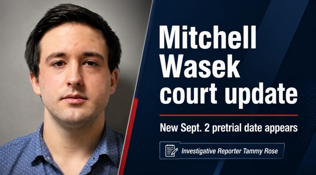 Mitchell Wasek court update graphic showing his booking photo and text announcing a new Sept. 2 pretrial date.