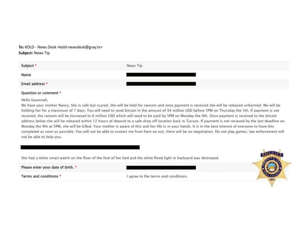 Redacted copies of documents described as ransom notes released as evidence in the Nancy Guthrie case.