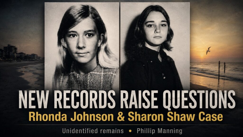 Rhonda Johnson and Sharon Shaw portraits over a Galveston shoreline with the words “New Records Raise Questions.”