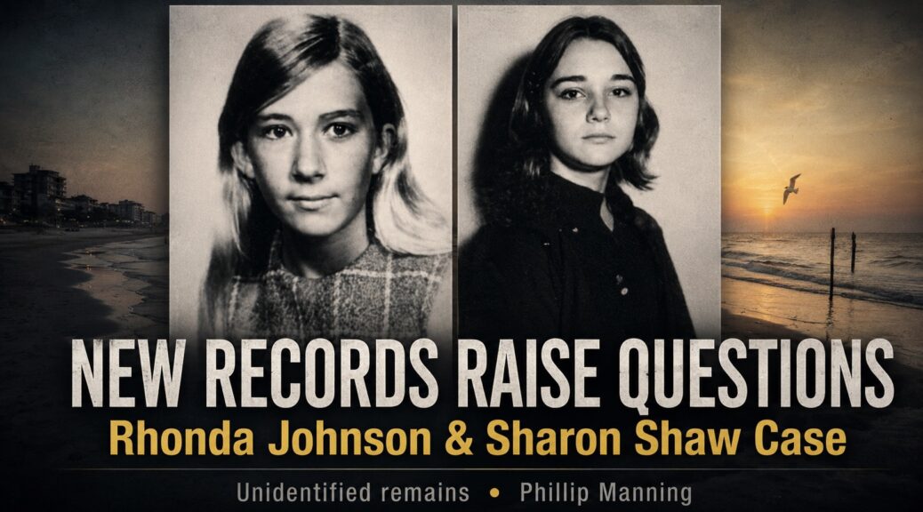 Rhonda Johnson and Sharon Shaw portraits over a Galveston shoreline with the words “New Records Raise Questions.”