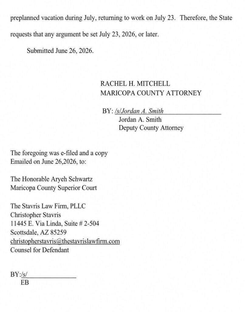Maricopa County prosecutors’ June 26, 2026 filing requesting oral argument on Jodi Arias’s PCR deadline extension.
