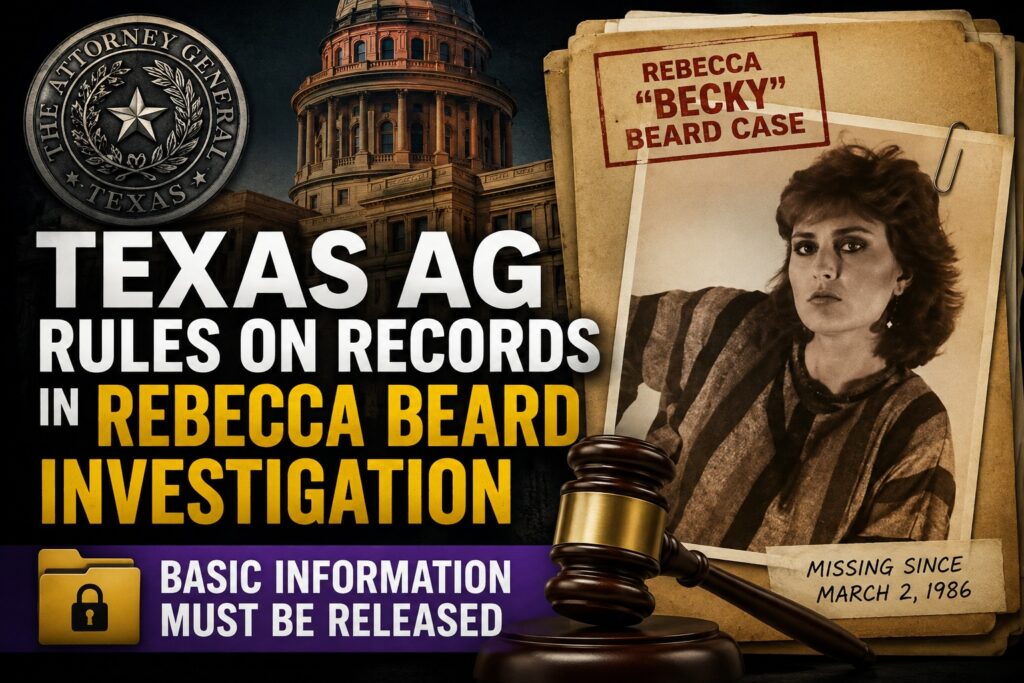 Texas Attorney General ruling on Rebecca “Becky” Beard investigation records, with Beard’s photo, Texas Capitol and case file graphic.
