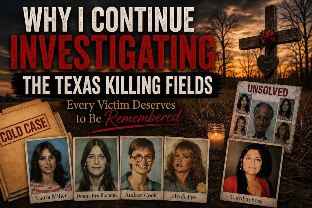 Texas Killing Fields cold case graphic featuring Laura Miller, Donna Prudhomme, Audrey Cook, Heidi Fye and Carolyn Sosa.