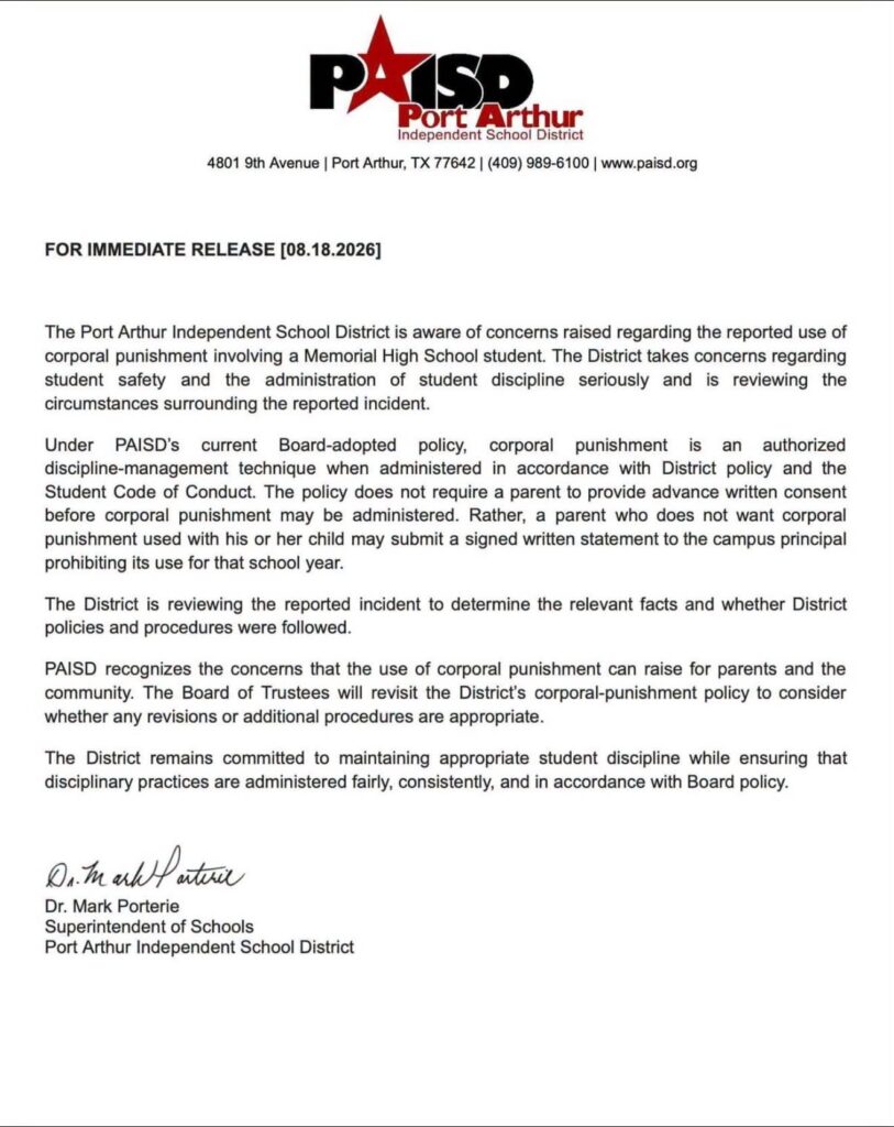 Port Arthur ISD statement dated August 18, 2026, addressing concerns over reported corporal punishment involving a Memorial High School student and announcing a district review.