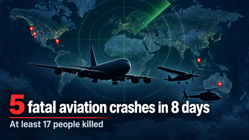 Silhouetted passenger plane flying over a world map with radar graphics and red markers showing five fatal aviation crashes in eight days that killed at least 17 people.