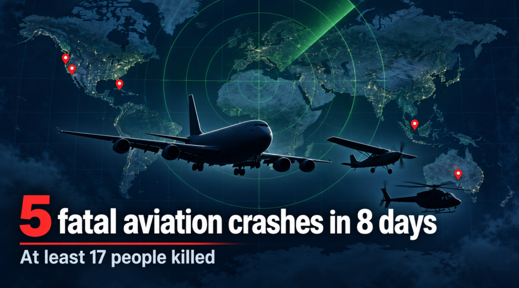 Silhouetted passenger plane flying over a world map with radar graphics and red markers showing five fatal aviation crashes in eight days that killed at least 17 people.