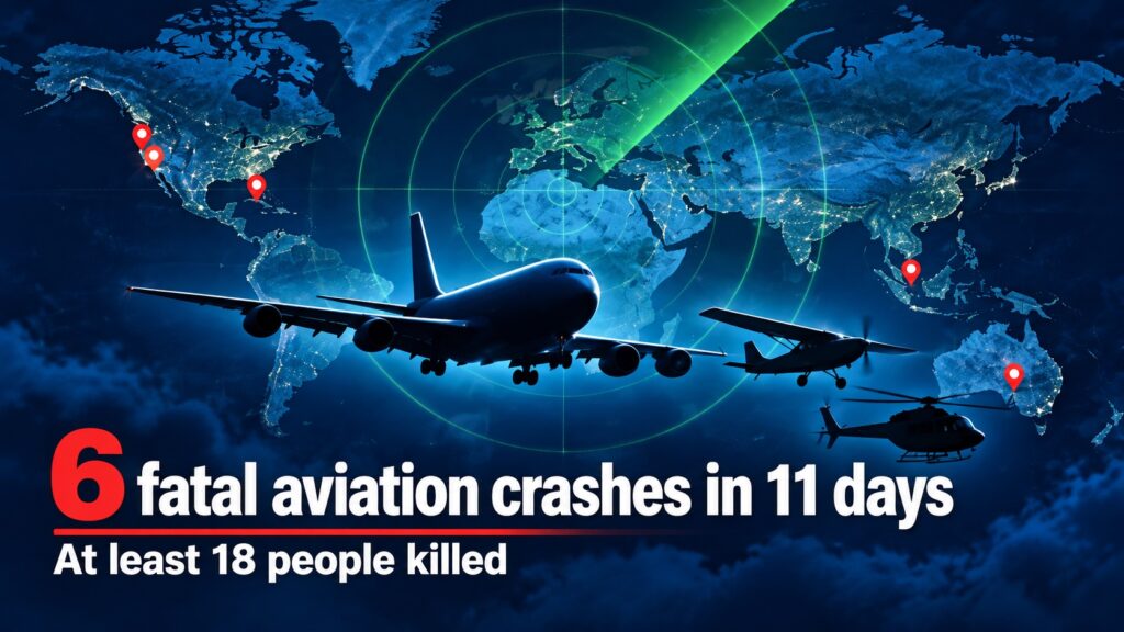 Aviation graphic showing a cargo jet, small airplane and helicopter over a world map with the headline “6 fatal aviation crashes in 11 days.”
