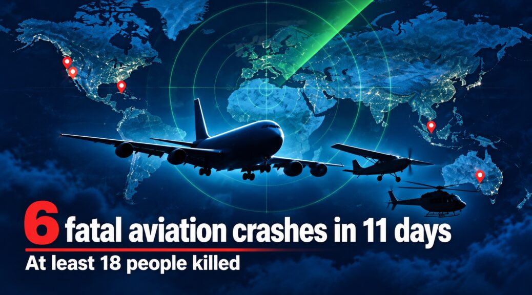 Aviation graphic showing a cargo jet, small airplane and helicopter over a world map with the headline “6 fatal aviation crashes in 11 days.”