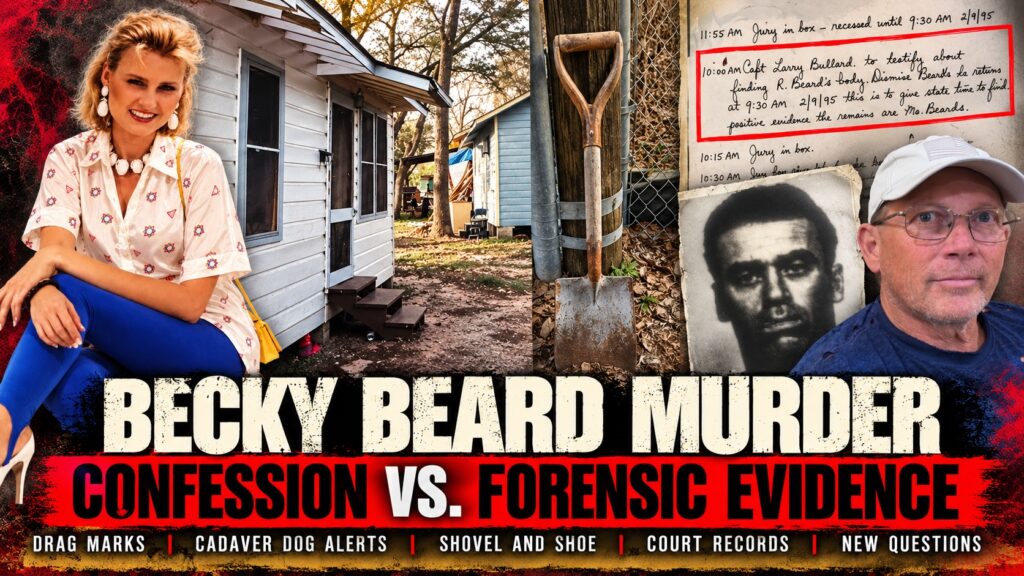 Becky Beard murder investigation featuring her photograph, Paul Taylor, retired police captain Richard Miller, the former home, shovel and court records.