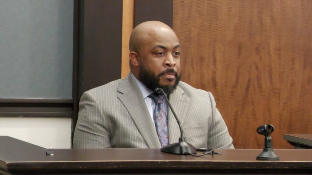 Hitchcock Police Detective Corey Williams testifies during the James Elmore Jr. trial.
