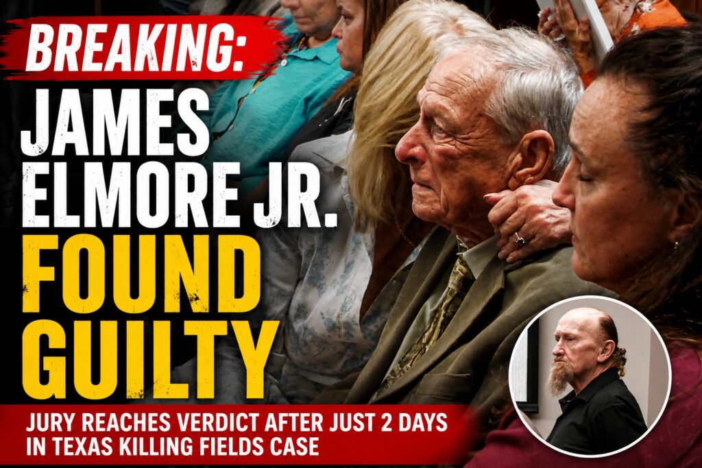 James Elmore Jr. courtroom verdict graphic after a Galveston County jury found him guilty.