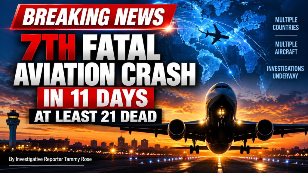 Breaking news graphic showing the seventh fatal aviation crash in 11 days, with at least 21 people dead.