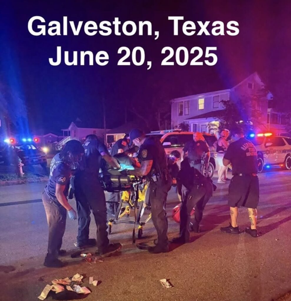 Patrick Wright on a gurney as emergency responders work at the Galveston shooting scene on June 20, 2025