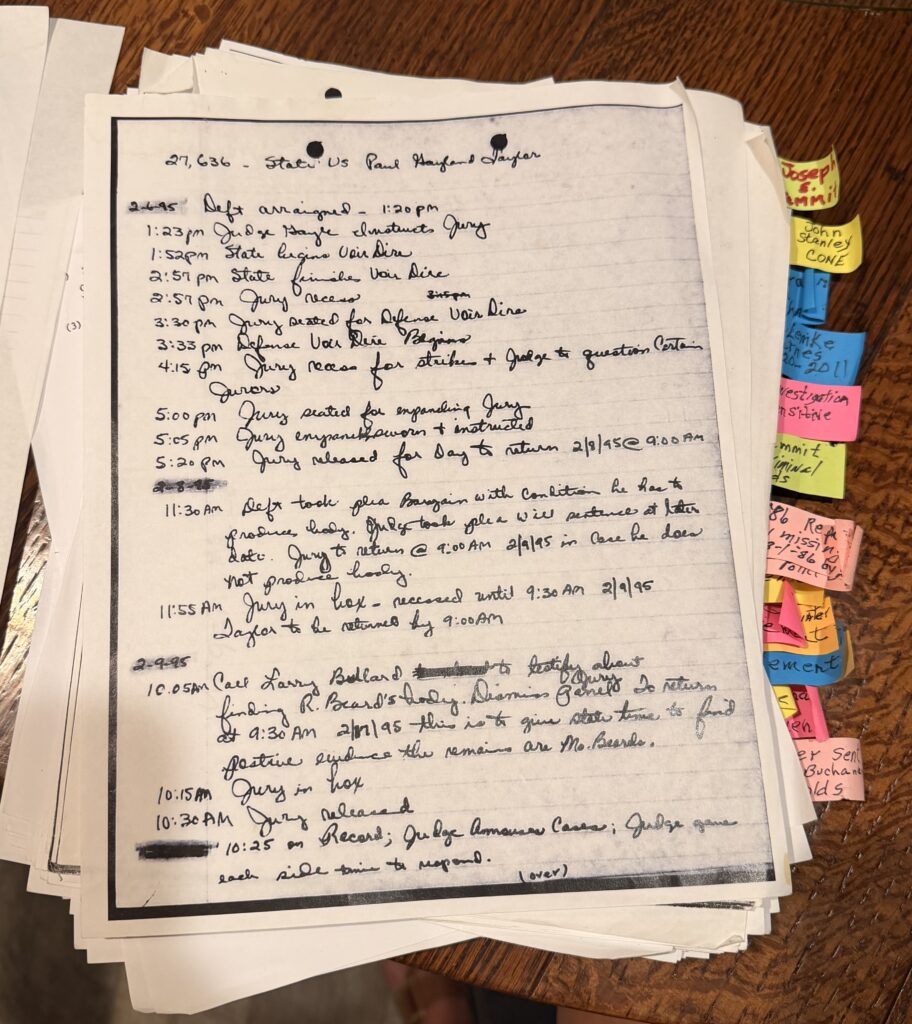 Newly uncovered handwritten court records in the Becky Beard murder case referencing the discovery of her body and plans for further identification.