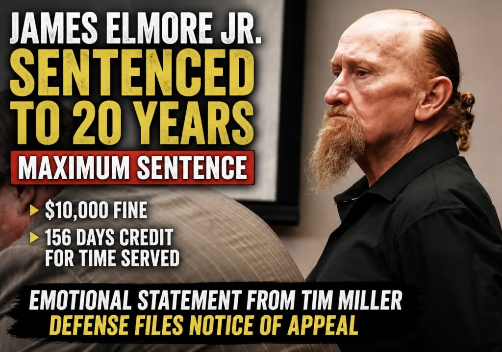 James Elmore Jr. in court with graphic announcing his 20-year maximum sentence, $10,000 fine and 156 days credit for time served.