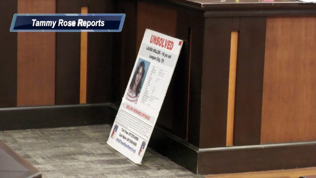 Laura Miller reward flyer displayed as evidence during Tim Miller’s testimony in the James Elmore Jr. trial.
