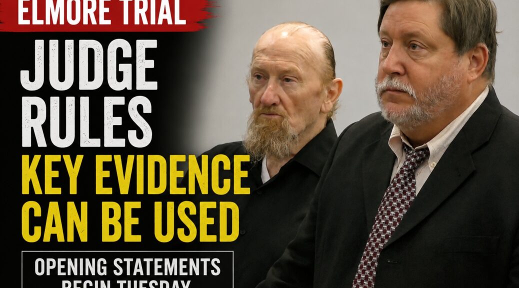 James Elmore Jr. and his attorney in court with text highlighting key evidence rulings in his trial.