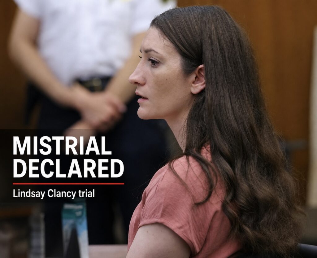 Lindsay Clancy sits in court beside text announcing a mistrial in her Massachusetts murder trial.