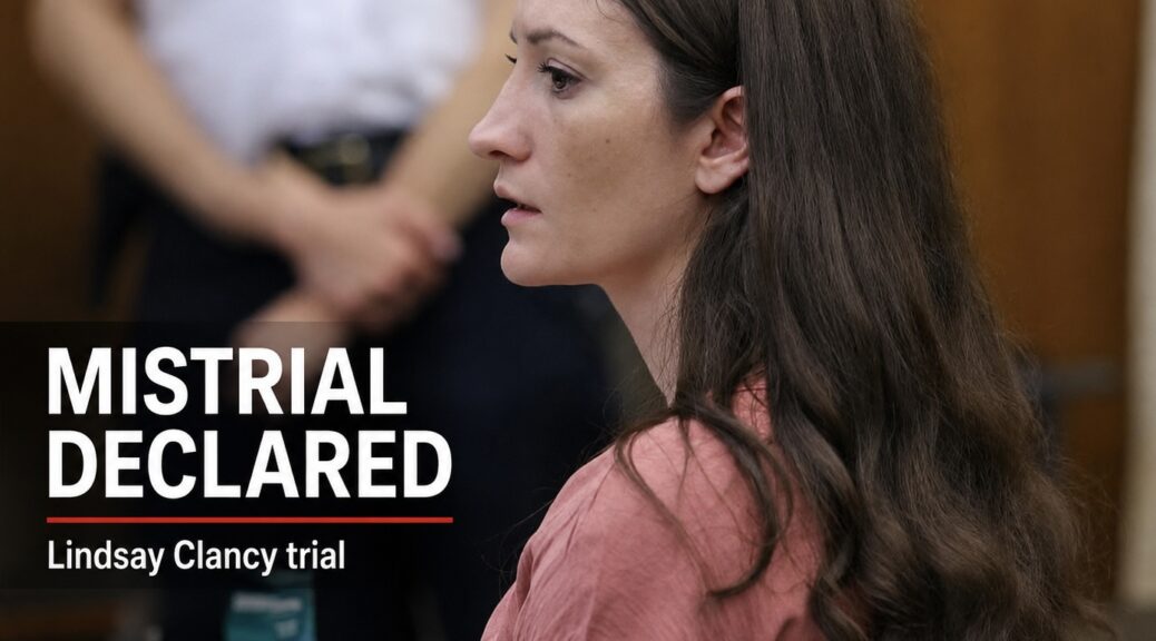 Lindsay Clancy sits in court beneath the headline “Mistrial declared” following a jury deadlock.