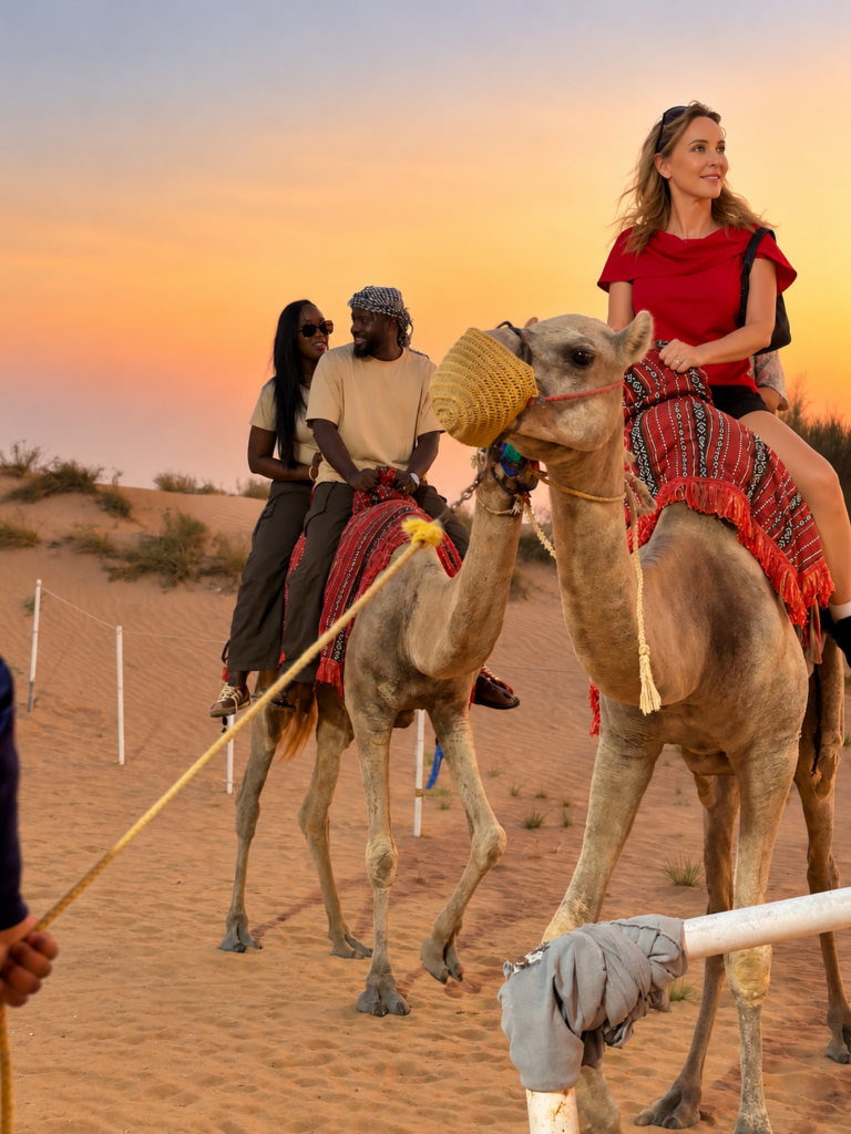 Camel with protective mouth covering during my Dubai desert safari after a camel bite on the beach.