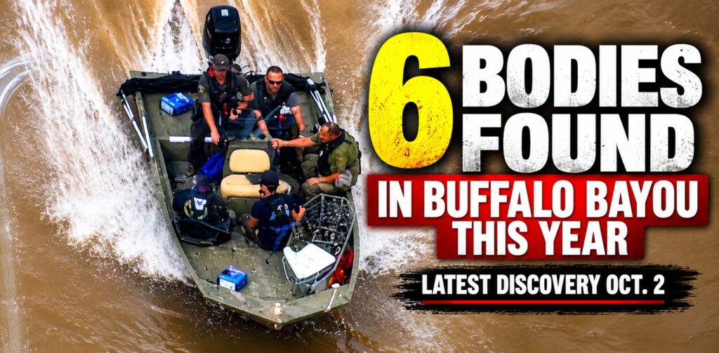 Rescue boat on Buffalo Bayou during investigation of six bodies found in 2026