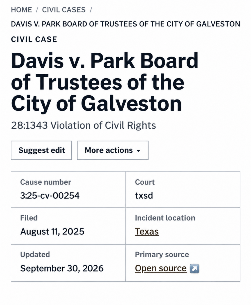 Galveston Council Member Jason Hardcastle pictured beside court records from a previous Park Board lawsuit.