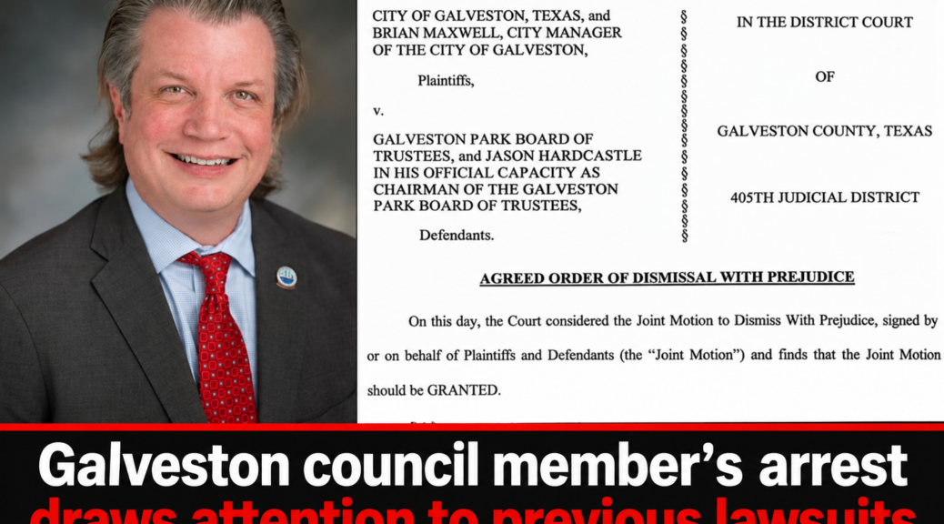 Galveston Council Member Jason Hardcastle pictured beside court records from a previous Park Board lawsuit.