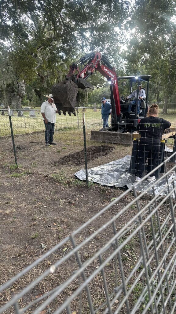 Excavator digging near a Brazoria County cemetery during the 2026 search for evidence in the Rebecca Beard cold case.